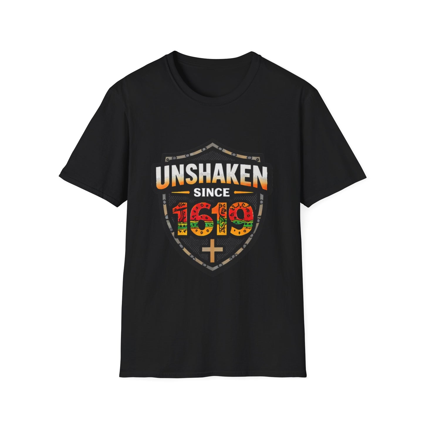 Unshaken Since 1619 T-Shirt — African Heritage Shield Faith Tee