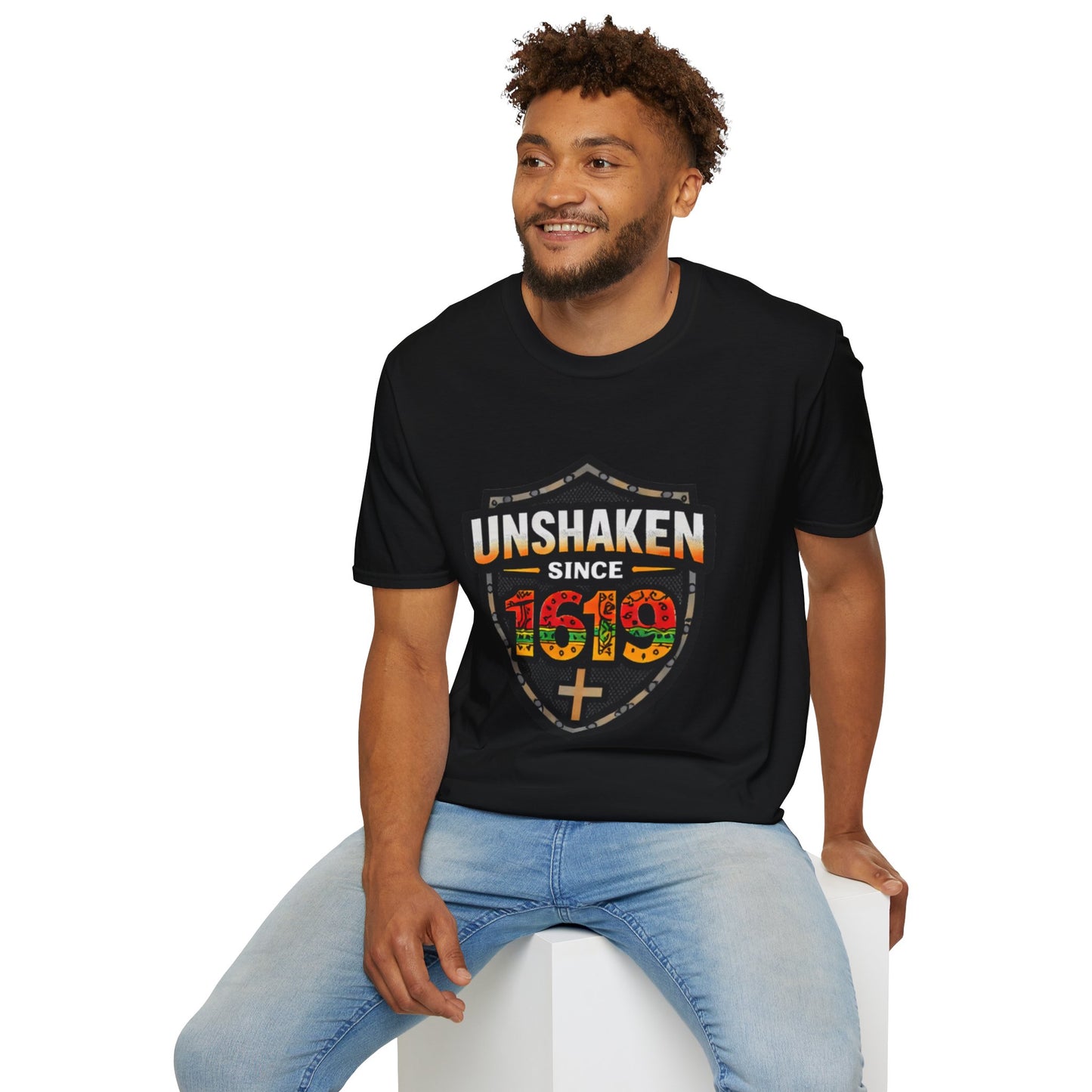 Unshaken Since 1619 T-Shirt — African Heritage Shield Faith Tee