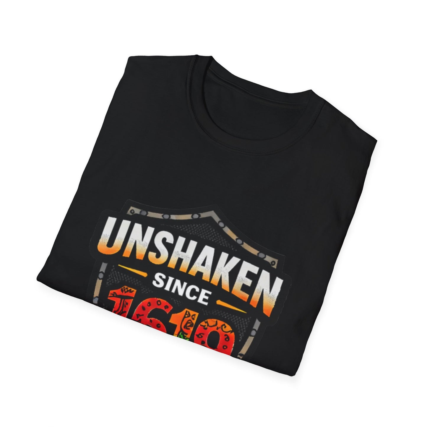 Unshaken Since 1619 T-Shirt — African Heritage Shield Faith Tee