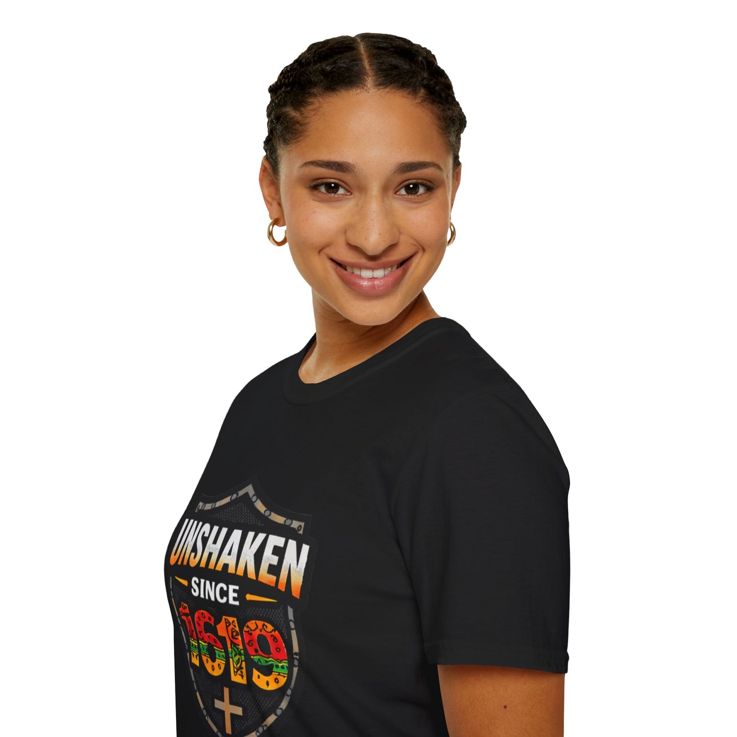 Unshaken Since 1619 T-Shirt — African Heritage Shield Faith Tee